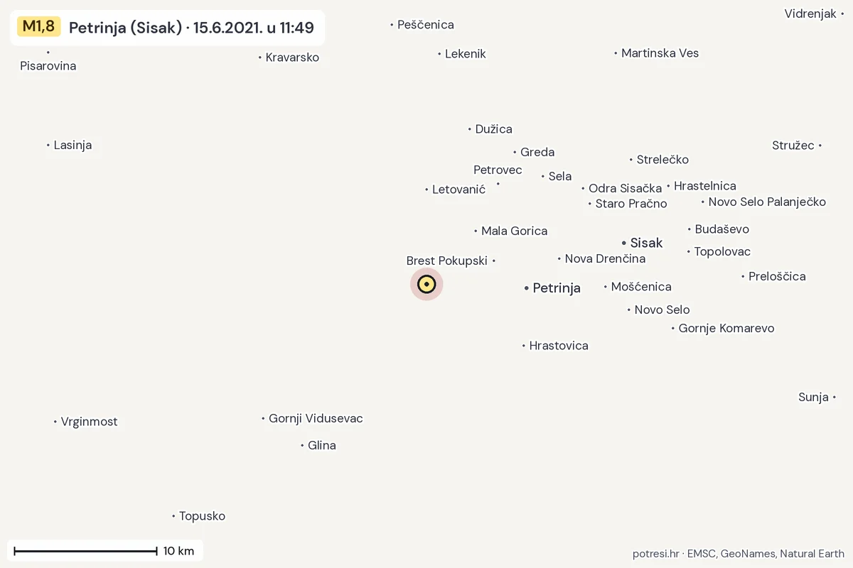 Karta: okolica epicentra, 60 km, potres M1,8, Petrinja (Sisak), 15.6.2021.