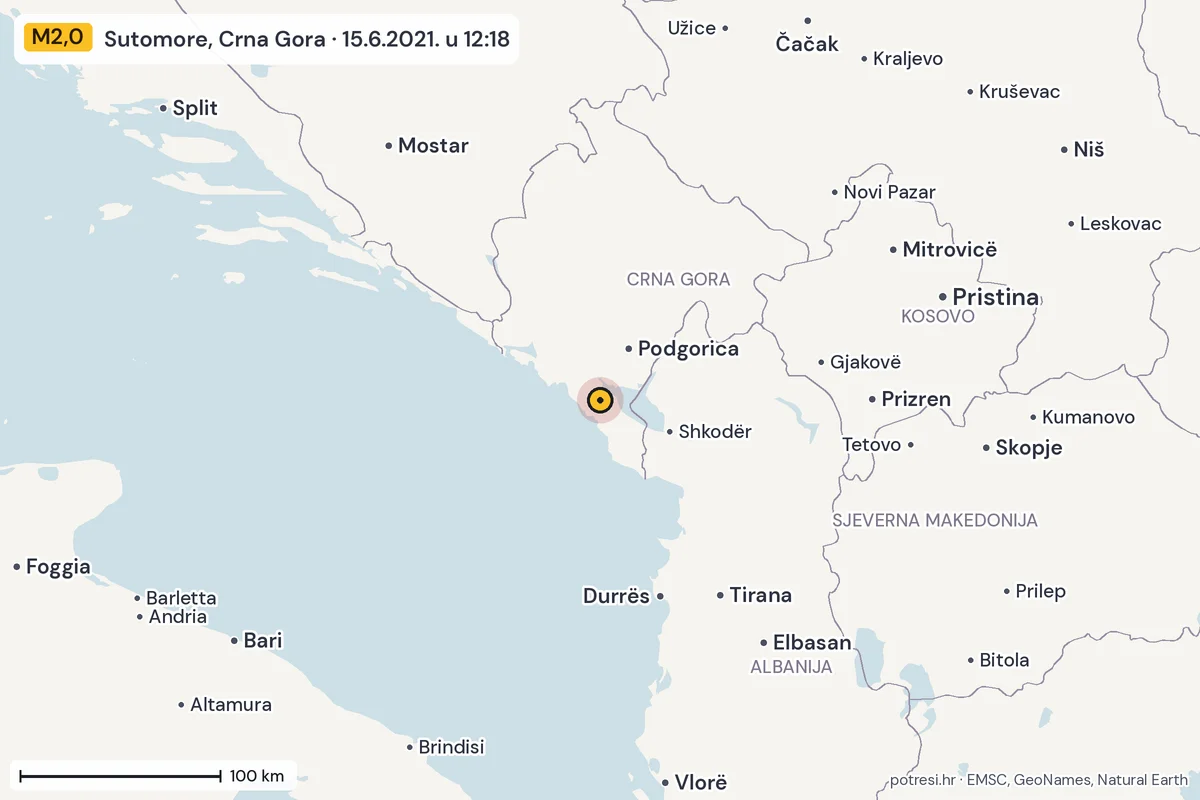Karta: šire područje, 600 km, potres M2,0, Sutomore, Crna Gora, 15.6.2021.