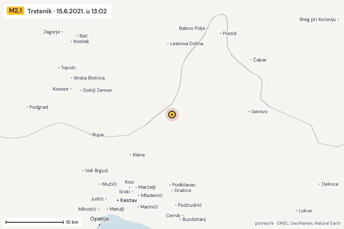 Karta: okolica epicentra, 60 km, potres M2,1, Trstenik, 15.6.2021.