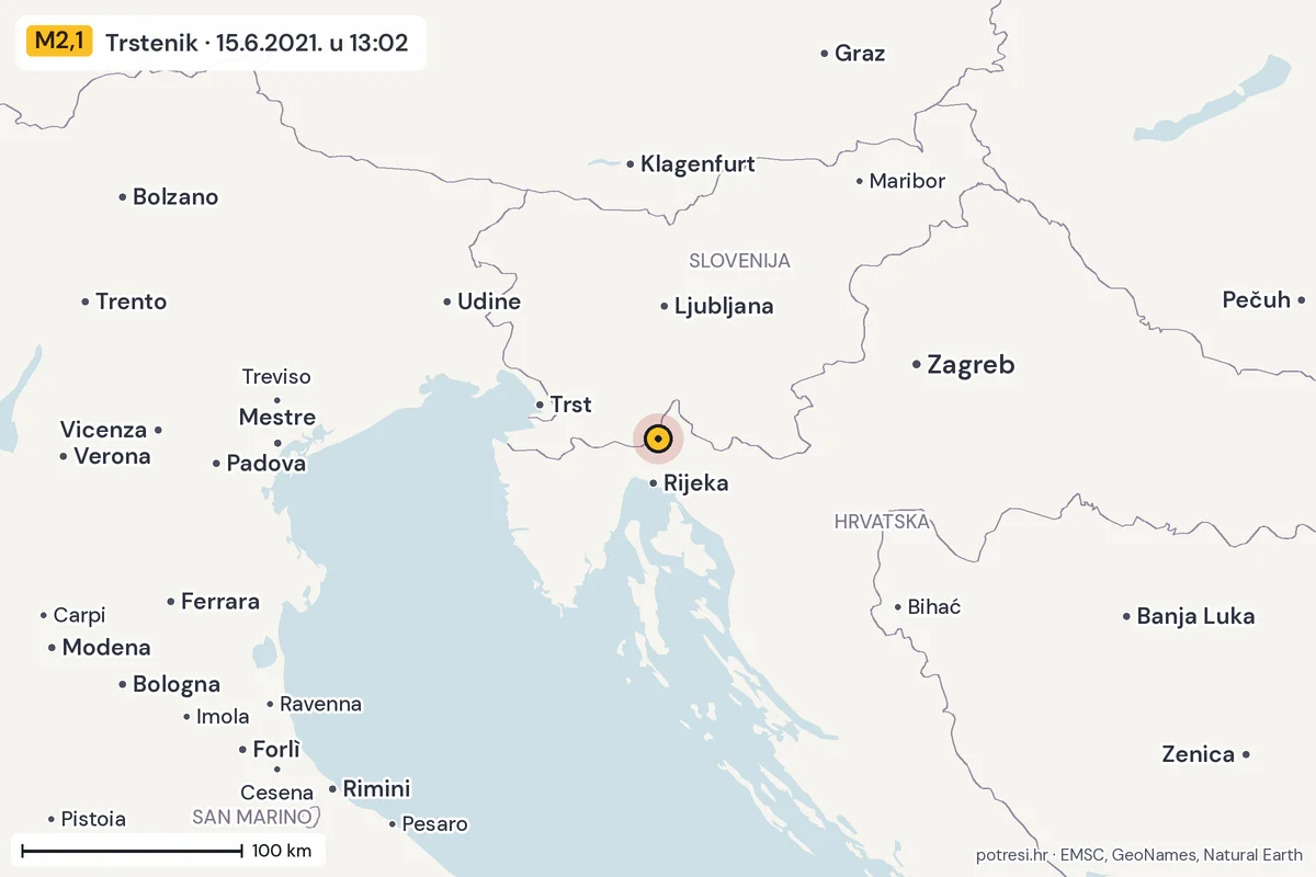 Karta: šire područje, 600 km, potres M2,1, Trstenik, 15.6.2021.