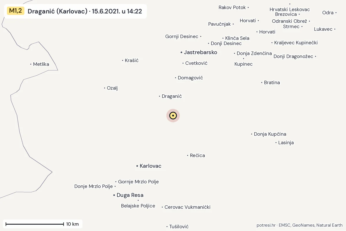 Karta: okolica epicentra, 60 km, potres M1,2, Draganić (Karlovac), 15.6.2021.