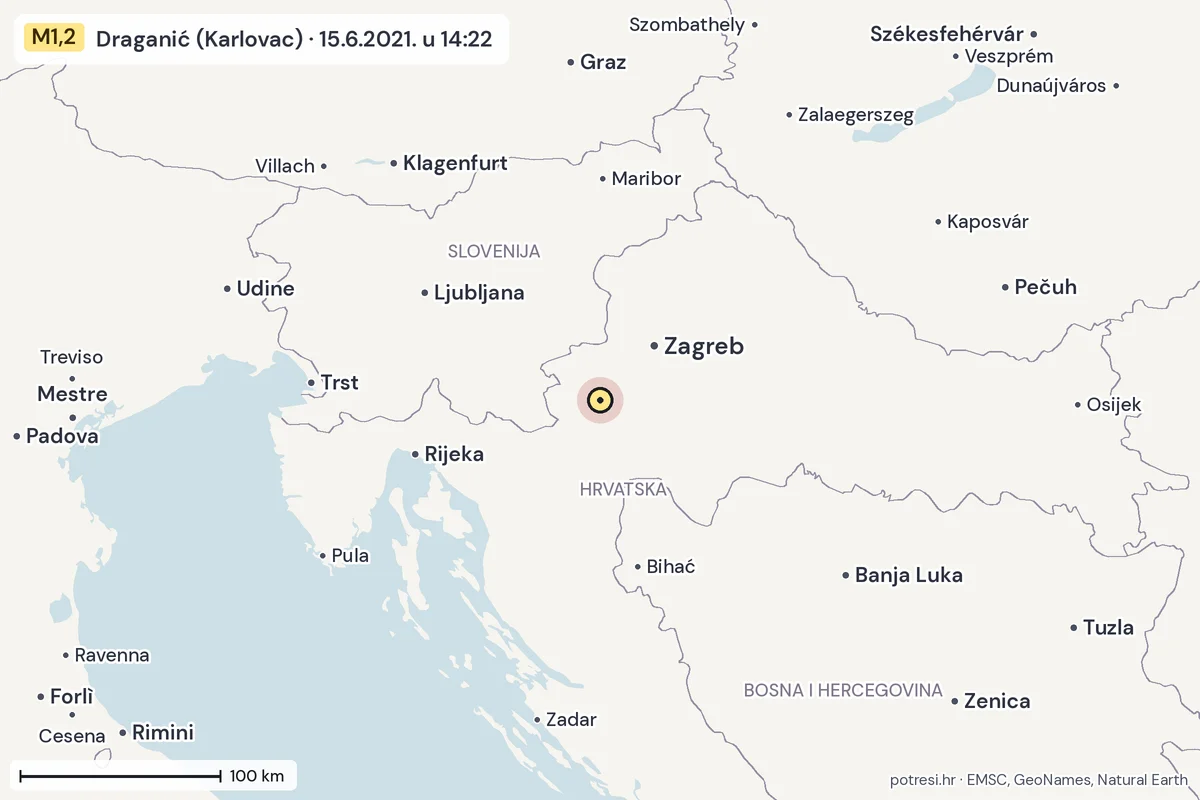 Karta: šire područje, 600 km, potres M1,2, Draganić (Karlovac), 15.6.2021.