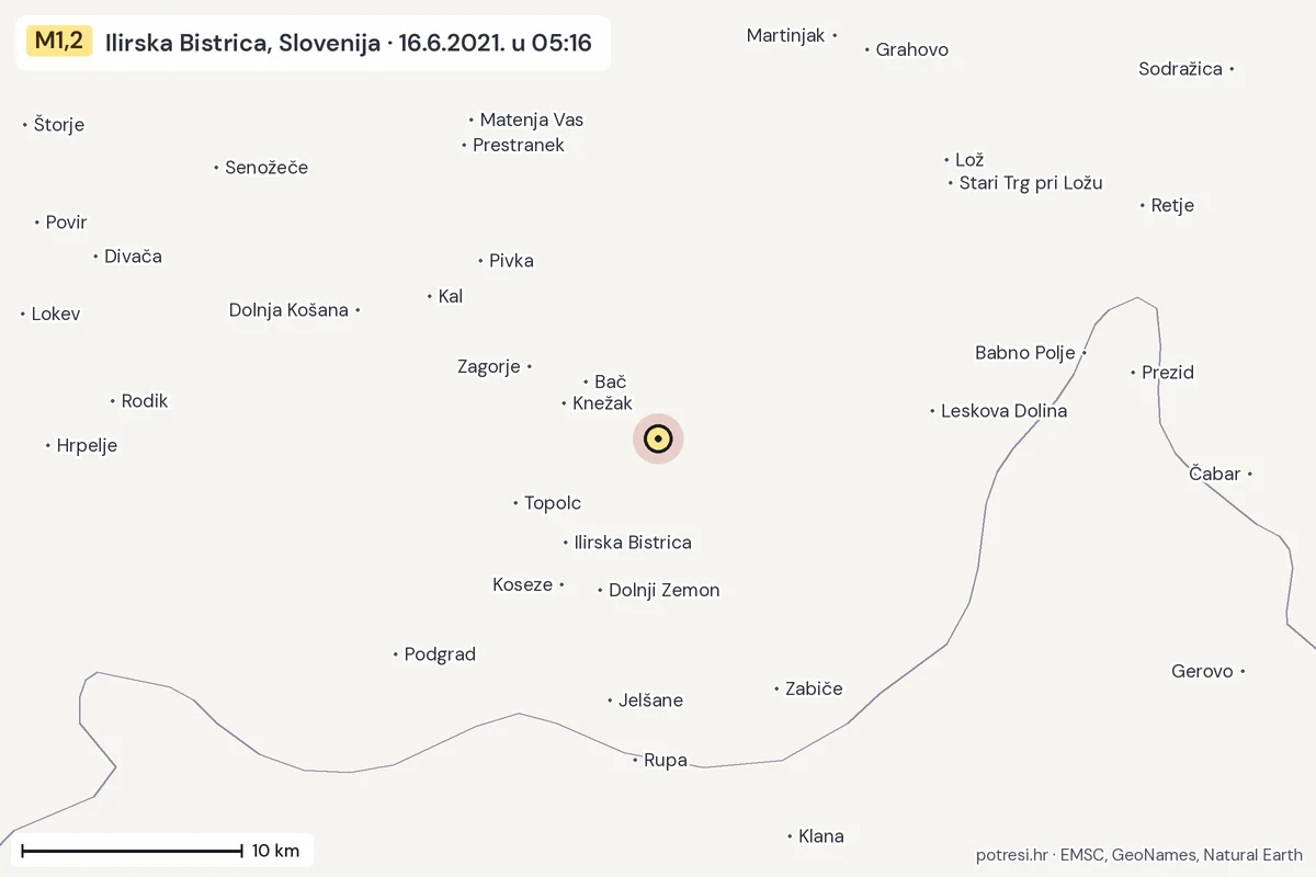 Karta: okolica epicentra, 60 km, potres M1,2, Ilirska Bistrica, Slovenija, 16.6.2021.
