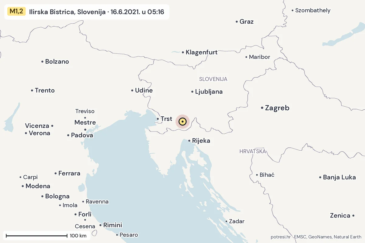 Karta: šire područje, 600 km, potres M1,2, Ilirska Bistrica, Slovenija, 16.6.2021.