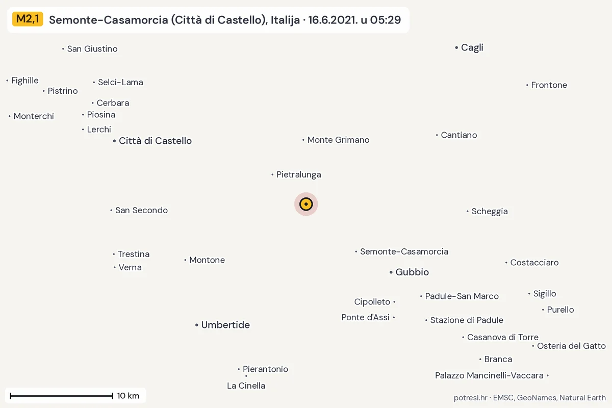 Karta: okolica epicentra, 60 km, potres M2,1, Semonte-Casamorcia (Città di Castello), Italija, 16.6.2021.