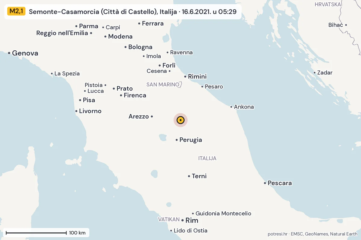 Karta: šire područje, 600 km, potres M2,1, Semonte-Casamorcia (Città di Castello), Italija, 16.6.2021.
