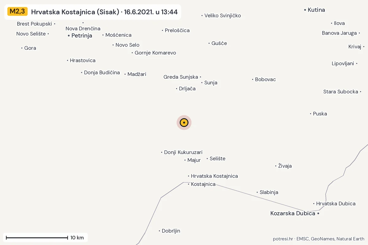 Karta: okolica epicentra, 60 km, potres M2,3, Hrvatska Kostajnica (Sisak), 16.6.2021.
