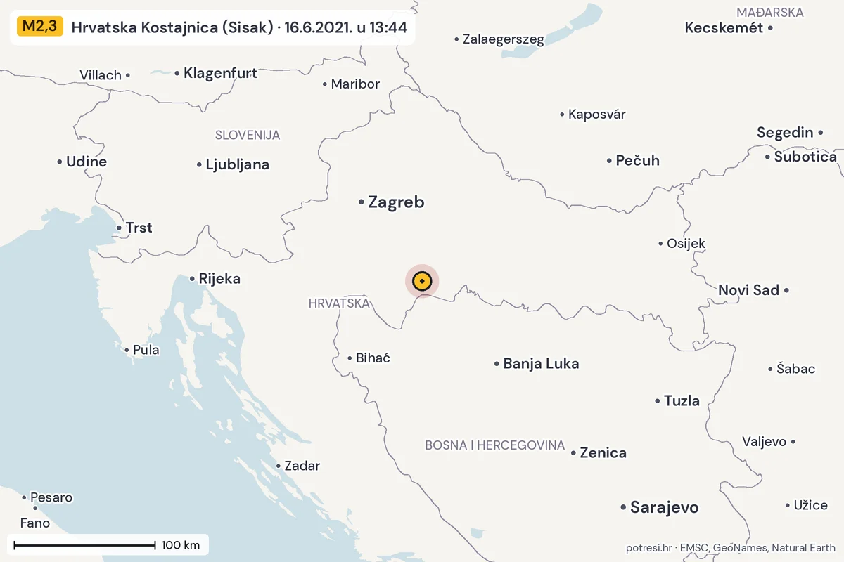 Karta: šire područje, 600 km, potres M2,3, Hrvatska Kostajnica (Sisak), 16.6.2021.