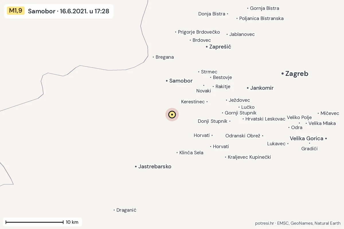 Karta: okolica epicentra, 60 km, potres M1,9, Samobor, 16.6.2021.