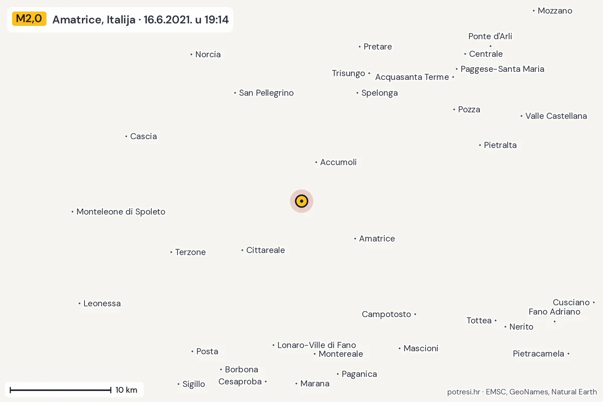 Karta: okolica epicentra, 60 km, potres M2,0, Amatrice, Italija, 16.6.2021.