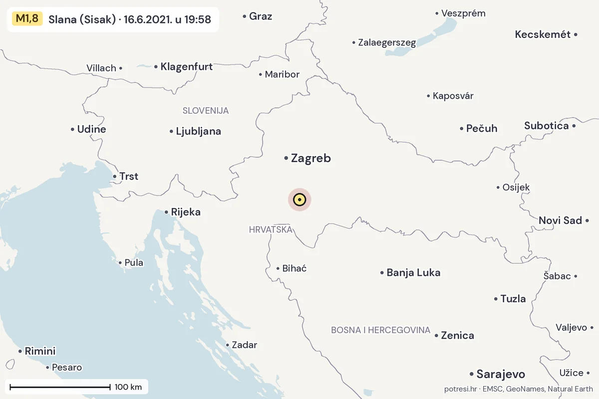 Karta: šire područje, 600 km, potres M1,8, Slana (Sisak), 16.6.2021.