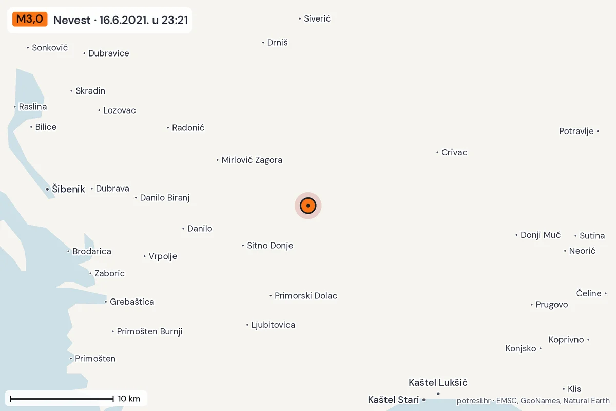 Karta: okolica epicentra, 60 km, potres M3,0, Nevest, 16.6.2021.