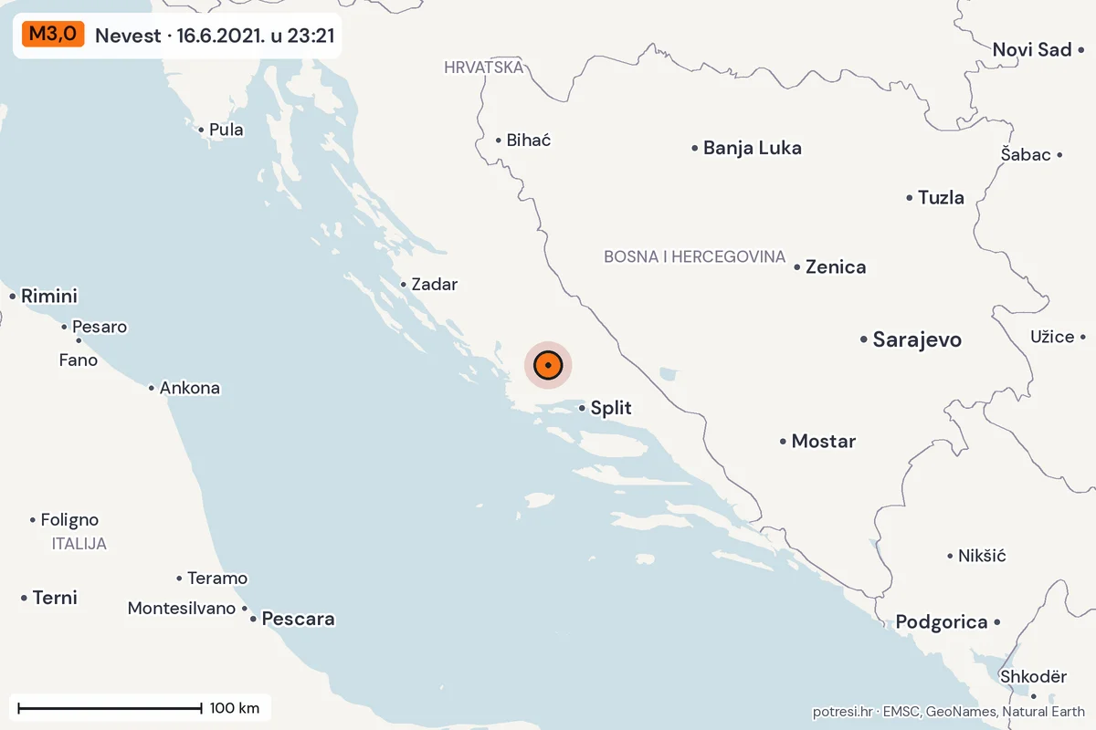 Karta: šire područje, 600 km, potres M3,0, Nevest, 16.6.2021.