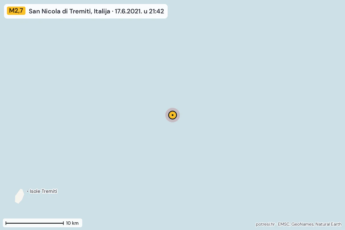 Karta: okolica epicentra, 60 km, potres M2,7, San Nicola di Tremiti, Italija, 17.6.2021.