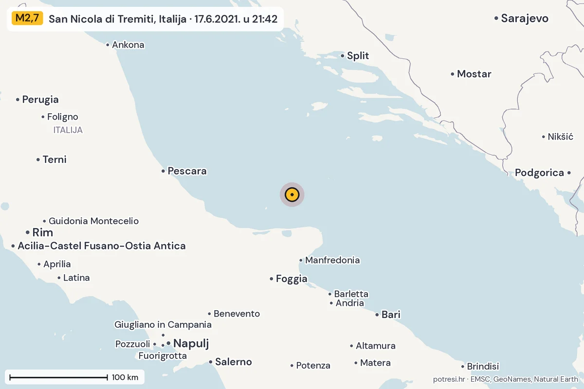 Karta: šire područje, 600 km, potres M2,7, San Nicola di Tremiti, Italija, 17.6.2021.