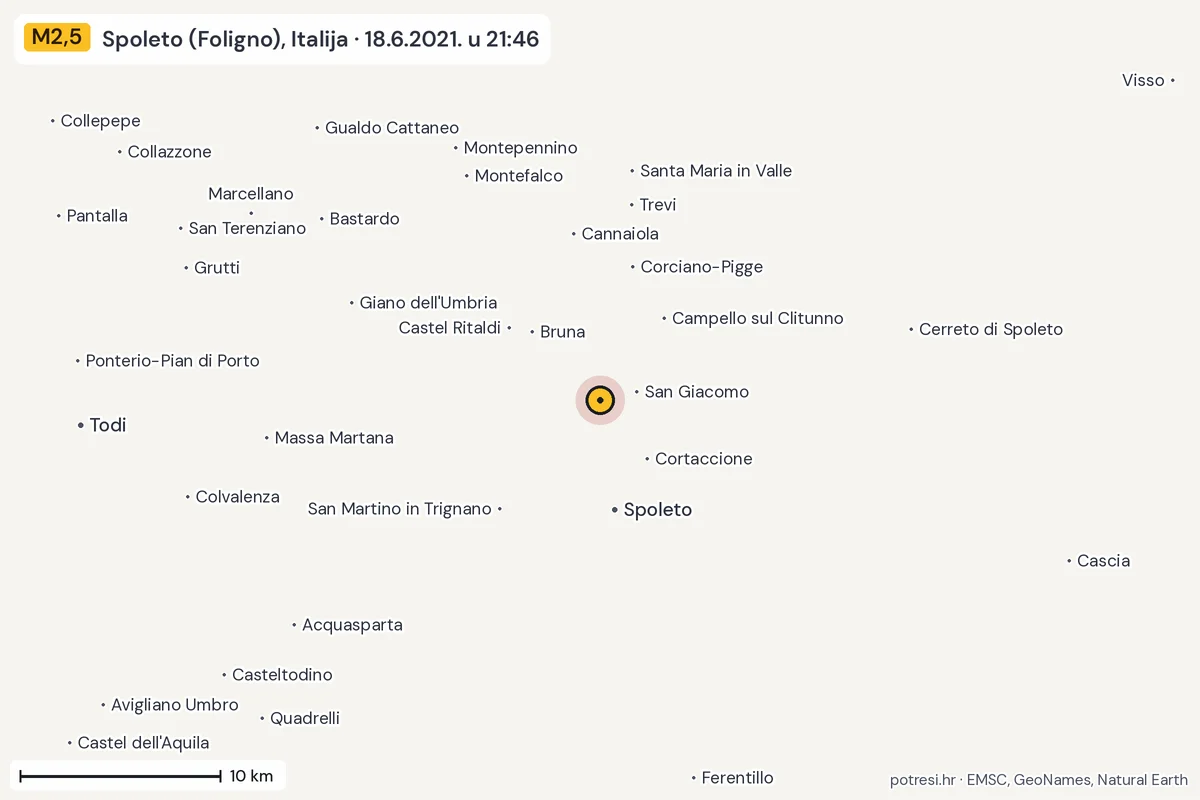 Karta: okolica epicentra, 60 km, potres M2,5, Spoleto (Foligno), Italija, 18.6.2021.