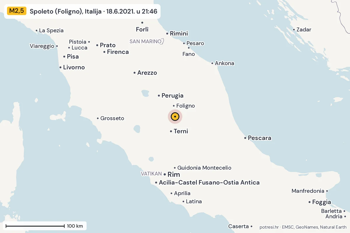 Karta: šire područje, 600 km, potres M2,5, Spoleto (Foligno), Italija, 18.6.2021.