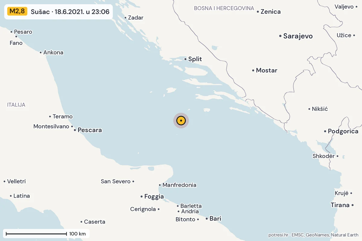 Karta: šire područje, 600 km, potres M2,8, Sušac, 18.6.2021.