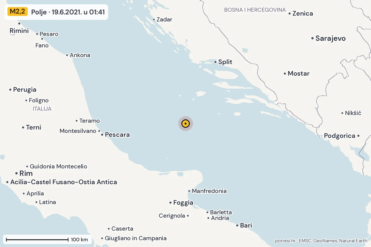 Karta: šire područje, 600 km, potres M2,2, Polje, 19.6.2021.