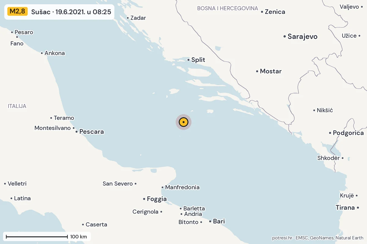 Karta: šire područje, 600 km, potres M2,8, Sušac, 19.6.2021.