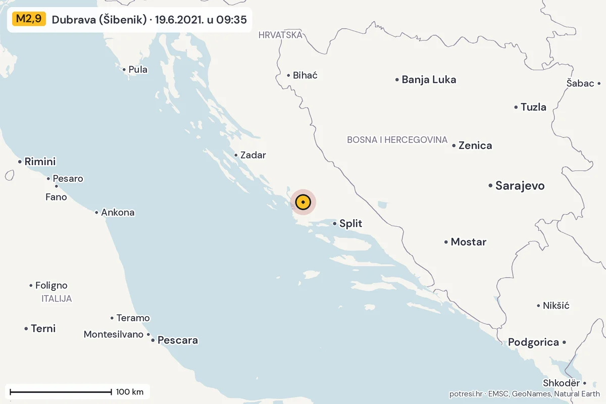 Karta: šire područje, 600 km, potres M2,9, Dubrava (Šibenik), 19.6.2021.
