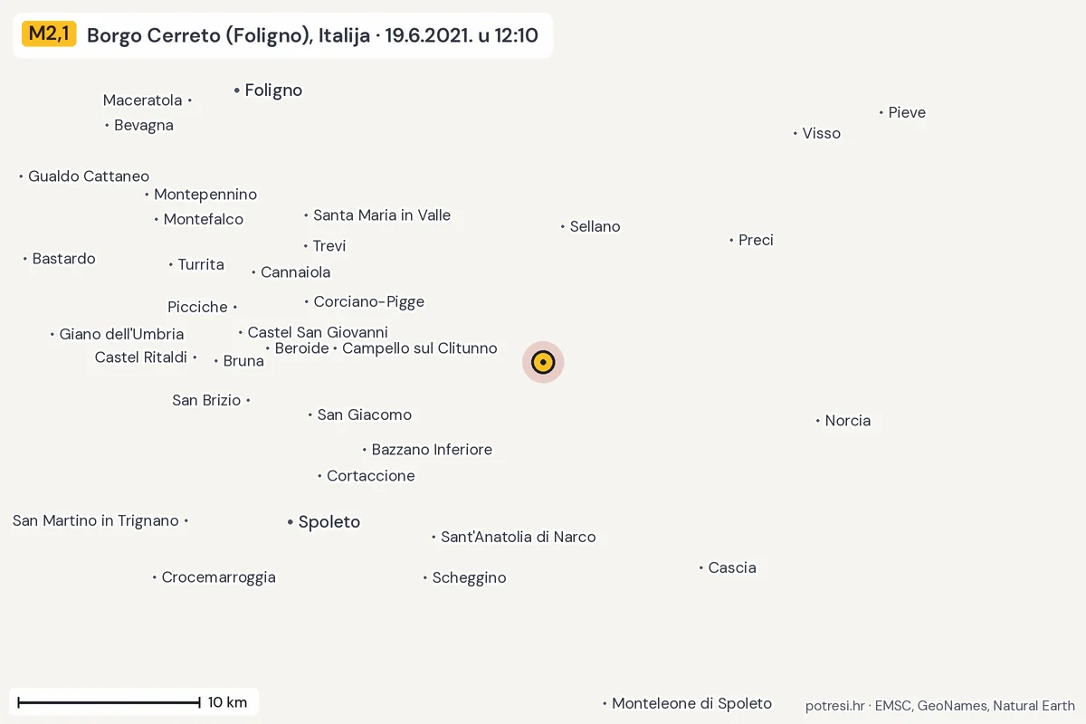 Karta: okolica epicentra, 60 km, potres M2,1, Borgo Cerreto (Foligno), Italija, 19.6.2021.
