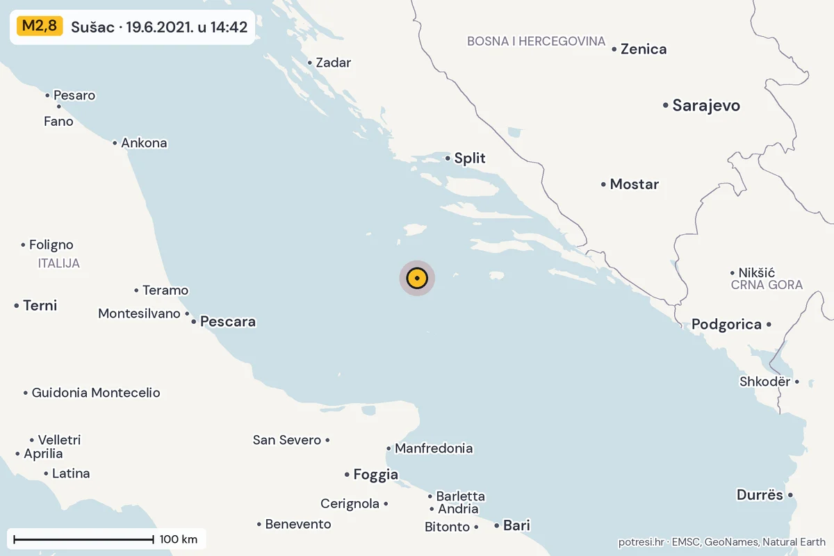 Karta: šire područje, 600 km, potres M2,8, Sušac, 19.6.2021.