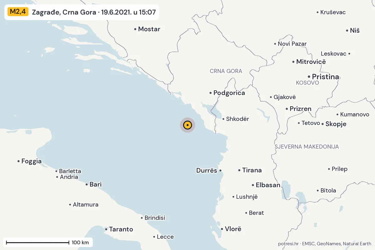 Karta: šire područje, 600 km, potres M2,4, Zagrađe, Crna Gora, 19.6.2021.