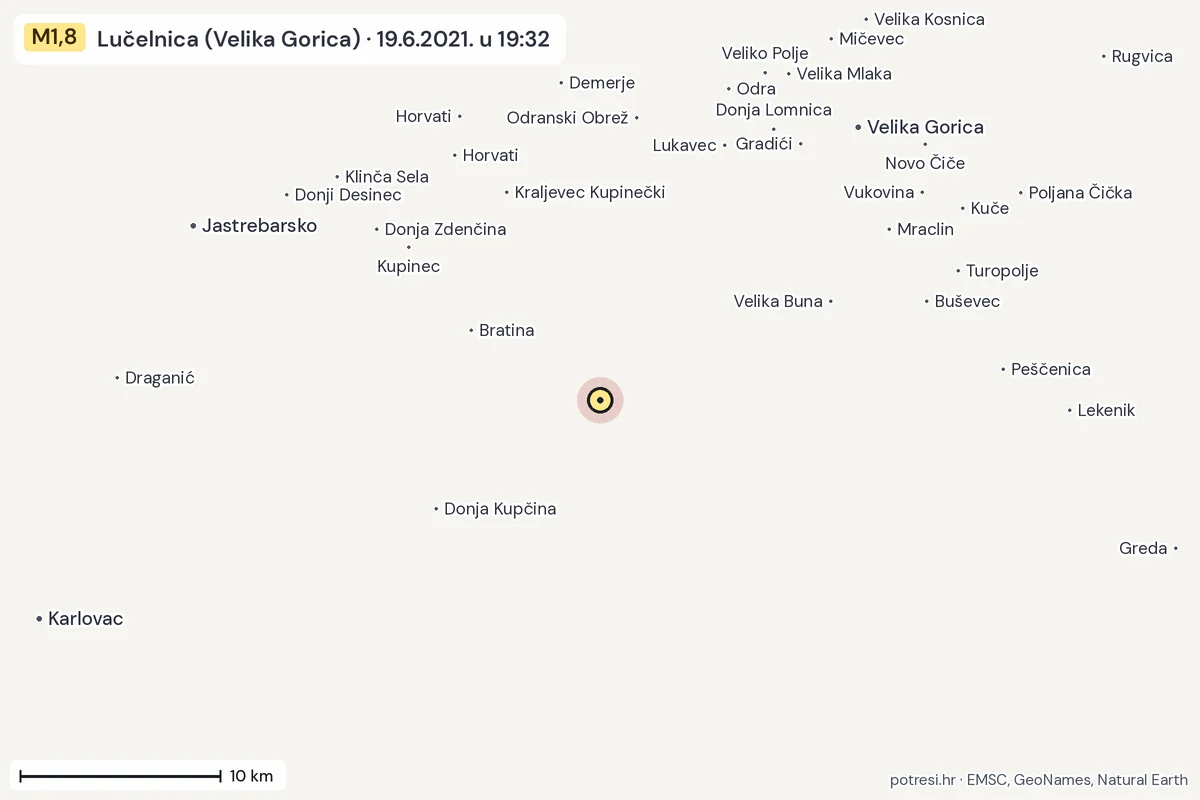Karta: okolica epicentra, 60 km, potres M1,8, Lučelnica (Velika Gorica), 19.6.2021.