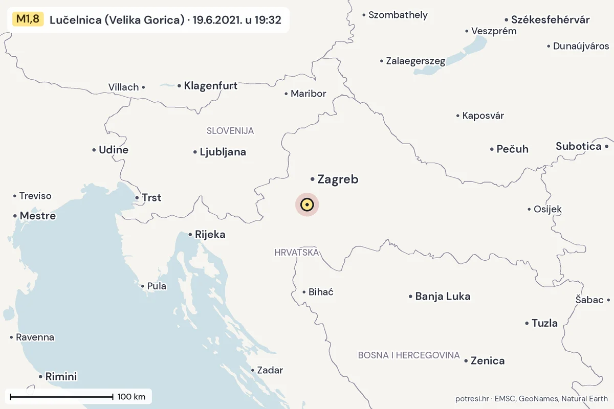 Karta: šire područje, 600 km, potres M1,8, Lučelnica (Velika Gorica), 19.6.2021.