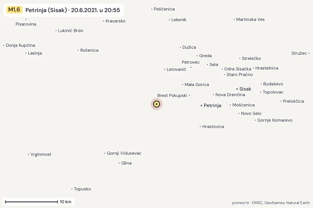 Karta: okolica epicentra, 60 km, potres M1,6, Petrinja (Sisak), 20.6.2021.
