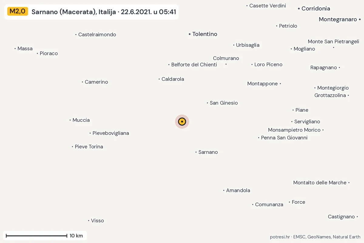 Karta: okolica epicentra, 60 km, potres M2,0, Sarnano (Macerata), Italija, 22.6.2021.