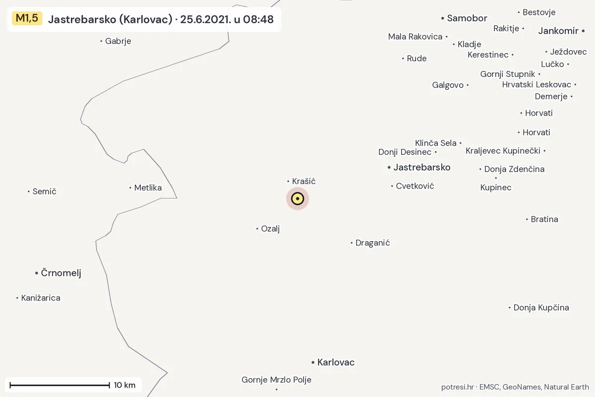 Karta: okolica epicentra, 60 km, potres M1,5, Jastrebarsko (Karlovac), 25.6.2021.