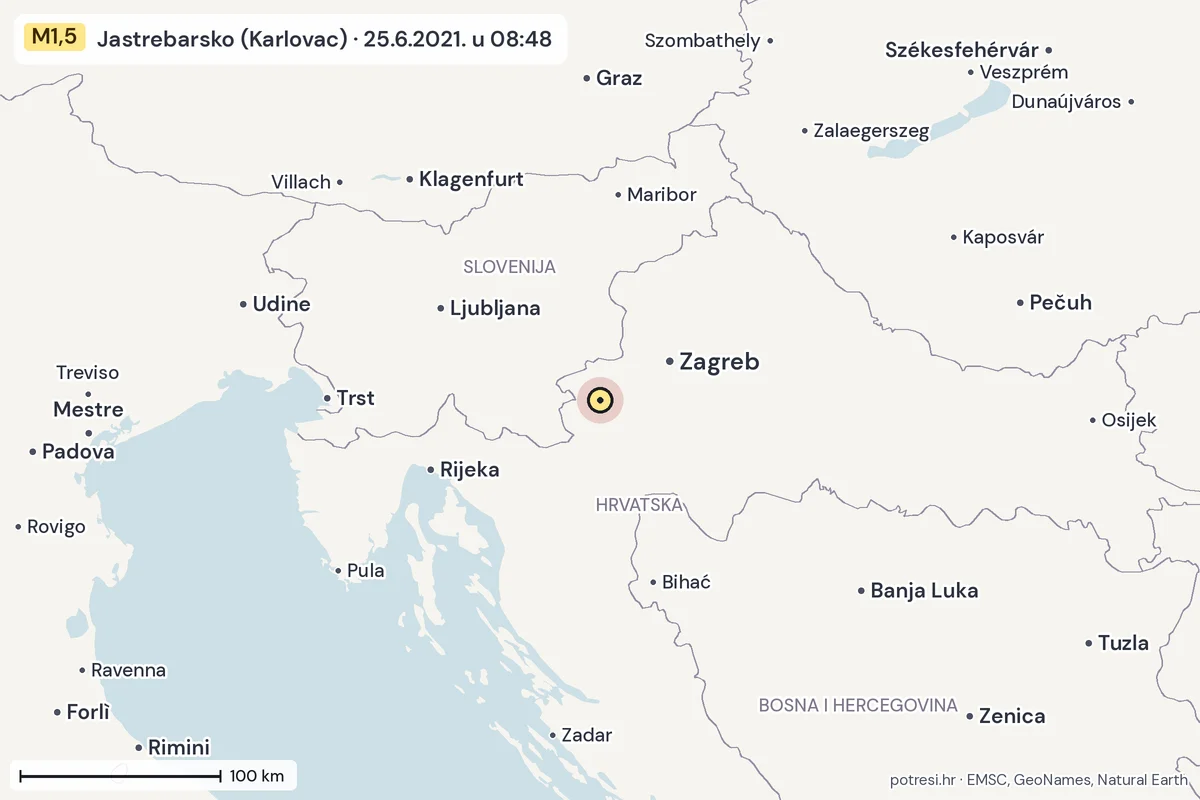 Karta: šire područje, 600 km, potres M1,5, Jastrebarsko (Karlovac), 25.6.2021.