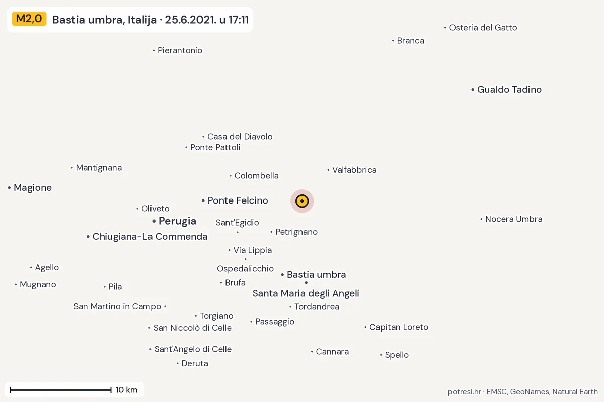 Karta: okolica epicentra, 60 km, potres M2,0, Bastia umbra, Italija, 25.6.2021.