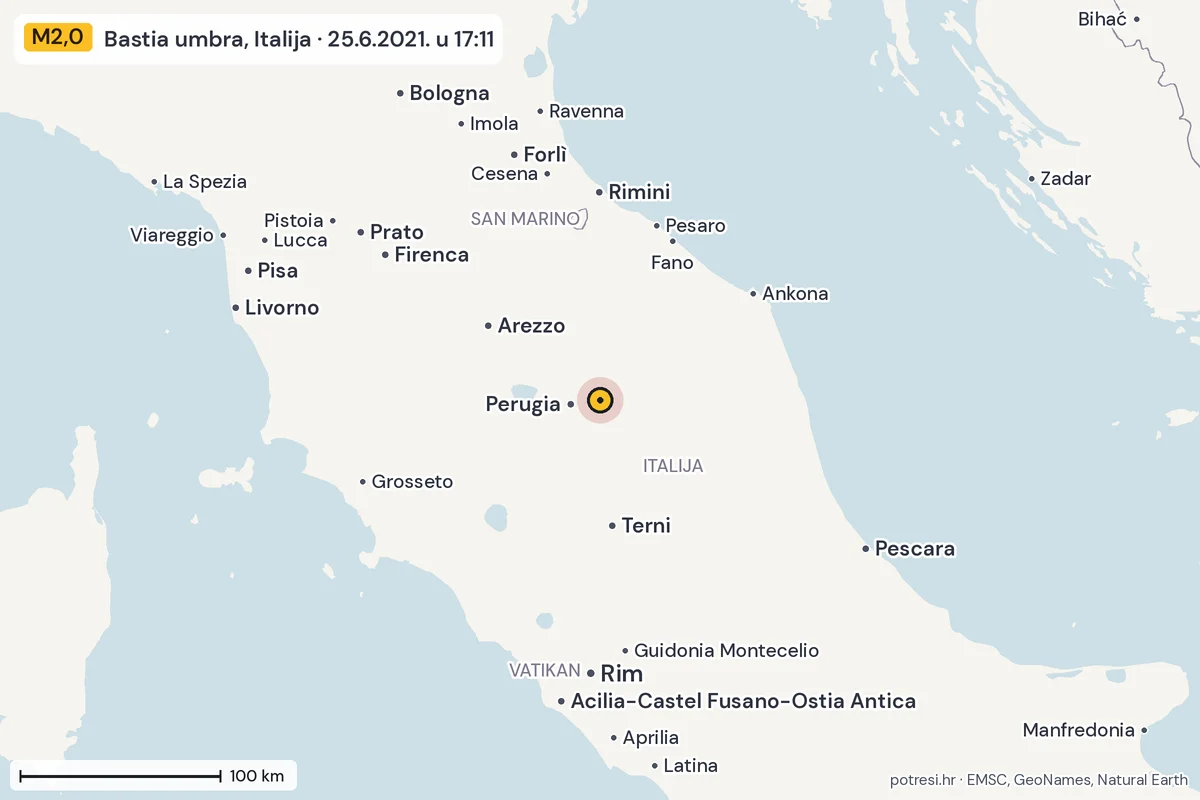 Karta: šire područje, 600 km, potres M2,0, Bastia umbra, Italija, 25.6.2021.