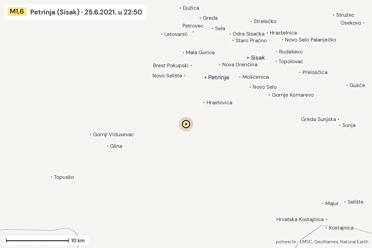 Karta: okolica epicentra, 60 km, potres M1,6, Petrinja (Sisak), 25.6.2021.