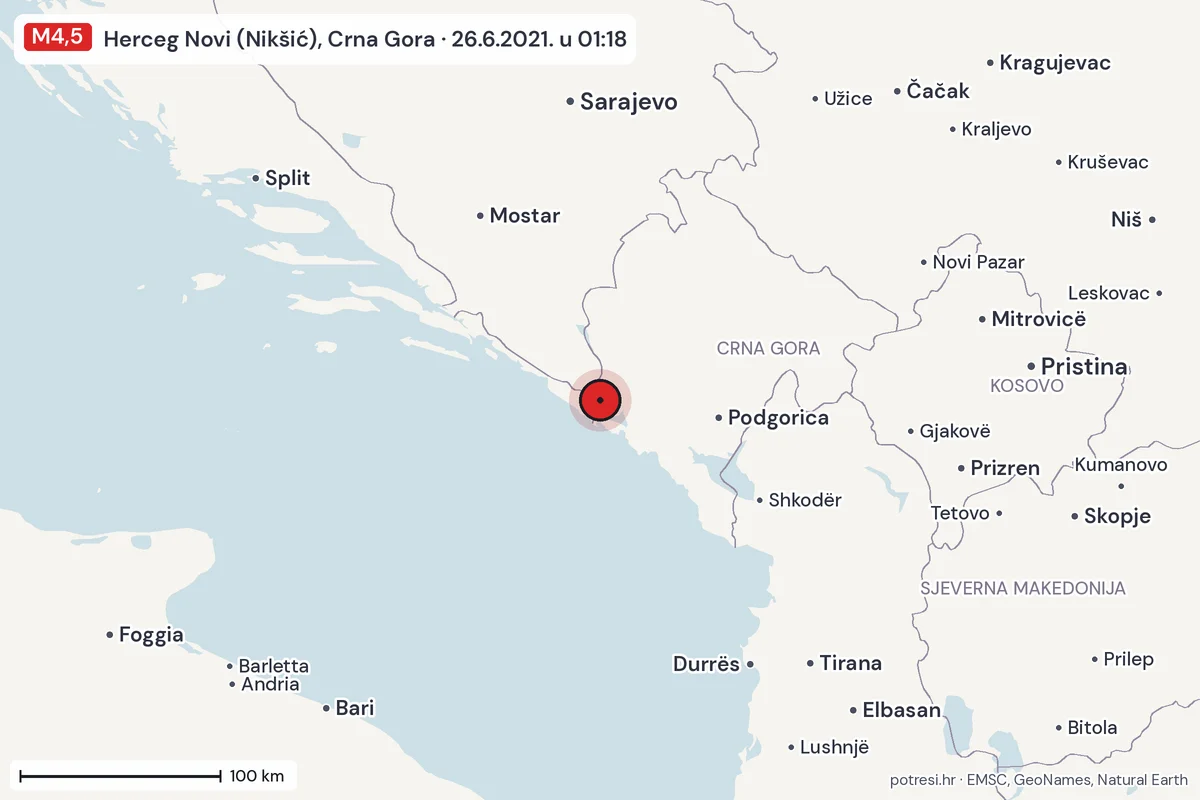 Karta: šire područje, 600 km, potres M4,5, Herceg Novi (Nikšić), Crna Gora, 26.6.2021.
