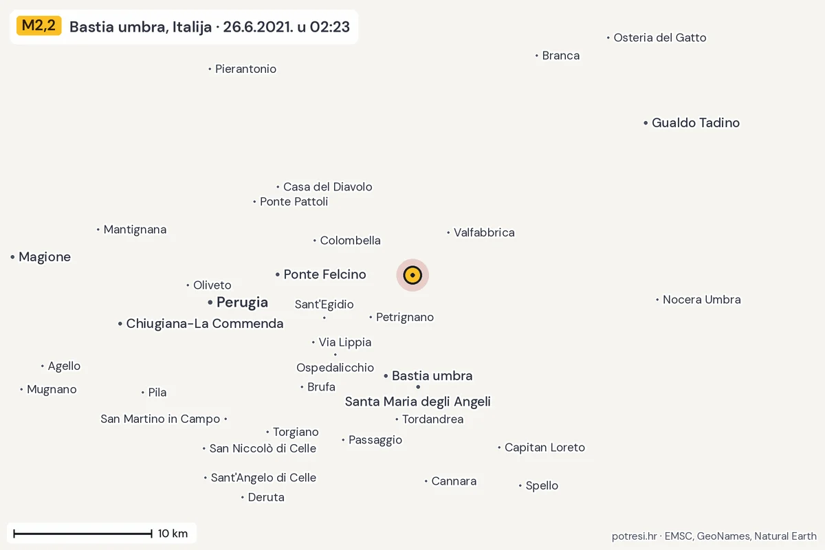 Karta: okolica epicentra, 60 km, potres M2,2, Bastia umbra, Italija, 26.6.2021.