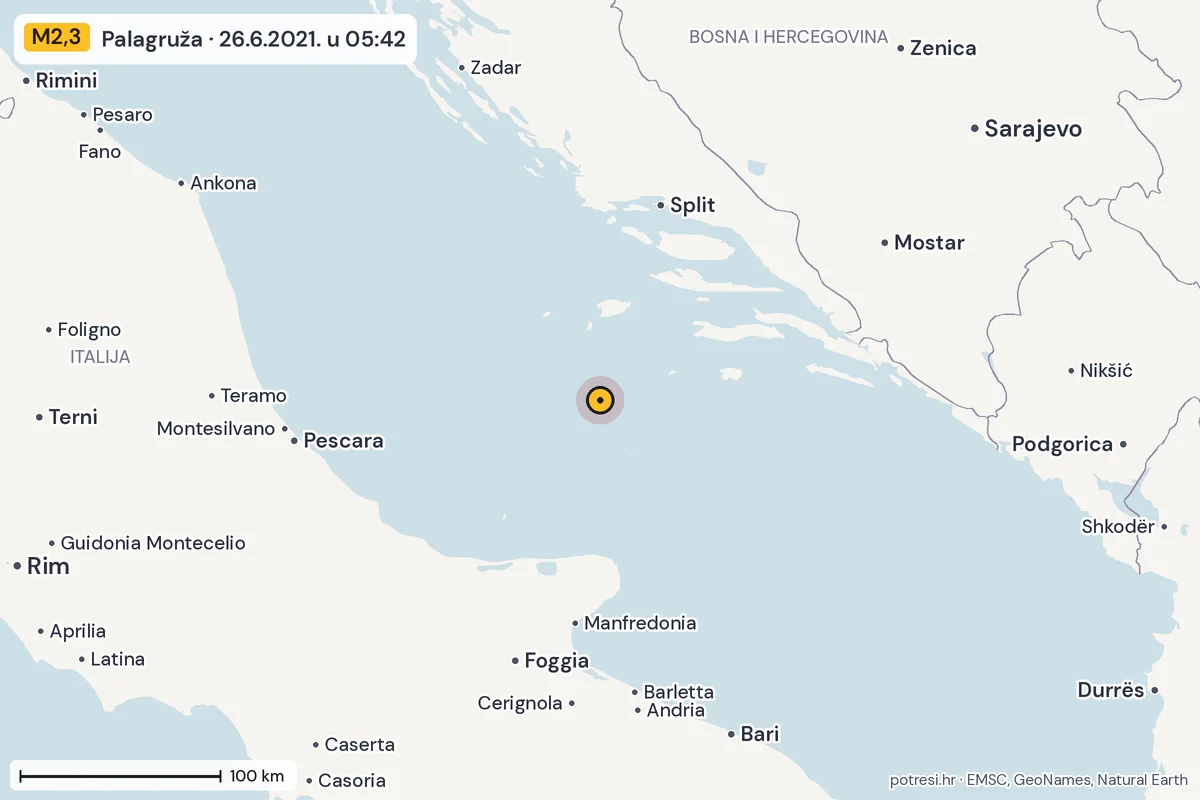 Karta: šire područje, 600 km, potres M2,3, Palagruža, 26.6.2021.