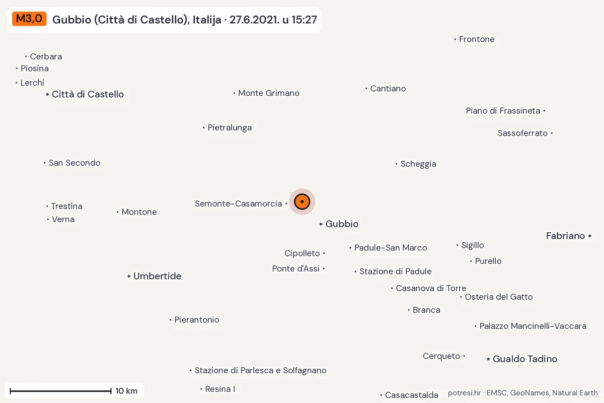 Karta: okolica epicentra, 60 km, potres M3,0, Gubbio (Città di Castello), Italija, 27.6.2021.