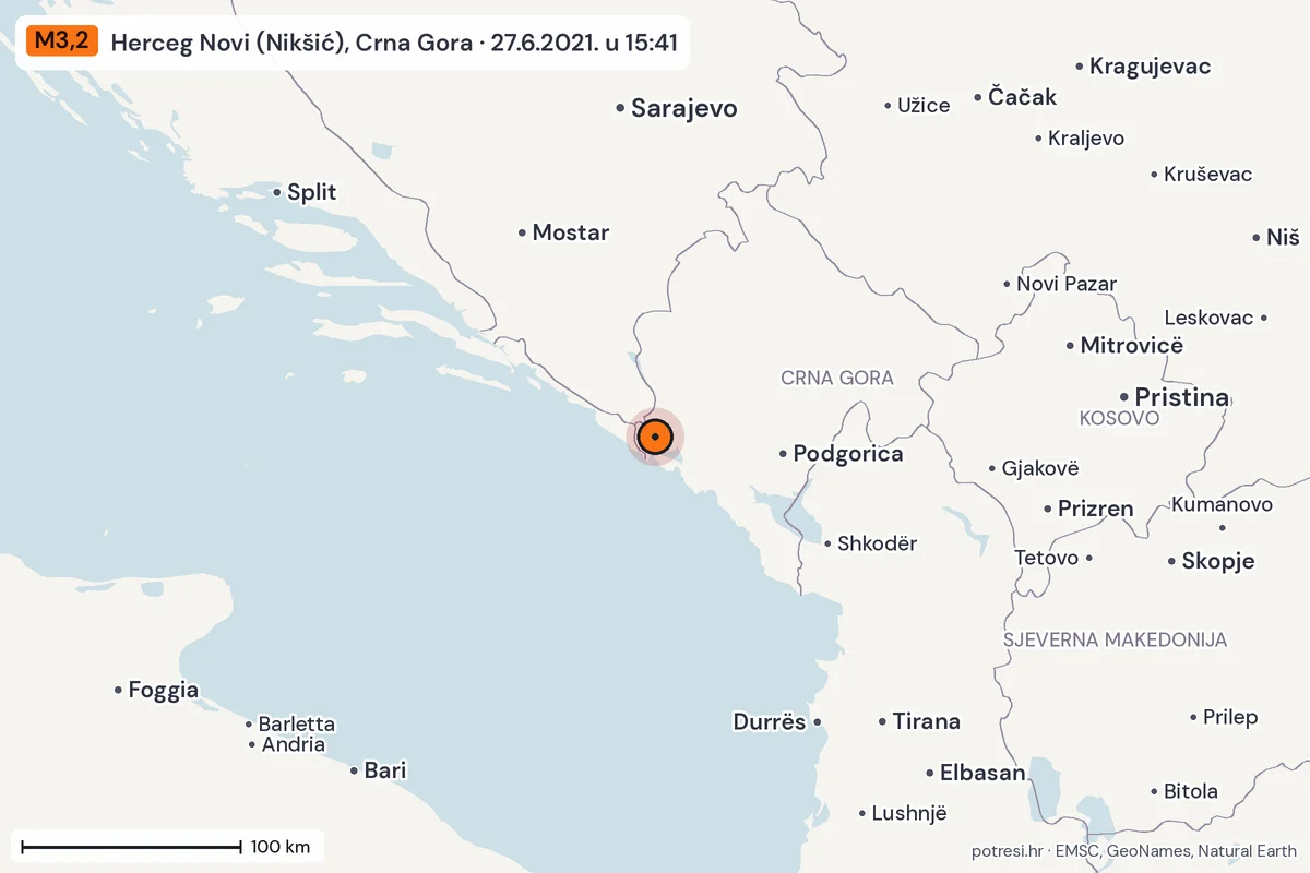 Karta: šire područje, 600 km, potres M3,2, Herceg Novi (Nikšić), Crna Gora, 27.6.2021.