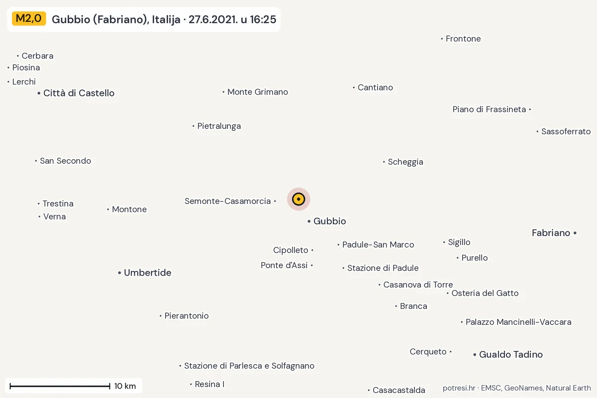 Karta: okolica epicentra, 60 km, potres M2,0, Gubbio (Fabriano), Italija, 27.6.2021.