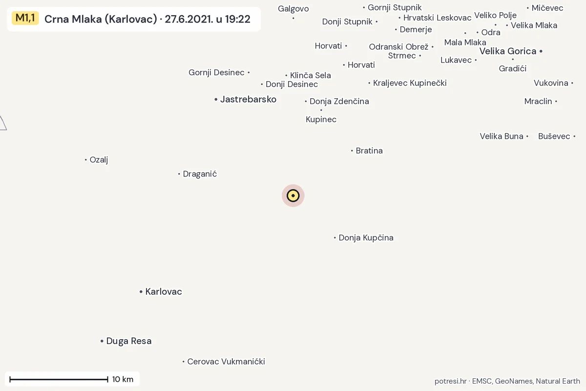 Karta: okolica epicentra, 60 km, potres M1,1, Crna Mlaka (Karlovac), 27.6.2021.