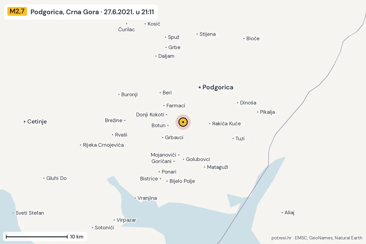 Karta: okolica epicentra, 60 km, potres M2,7, Podgorica, Crna Gora, 27.6.2021.