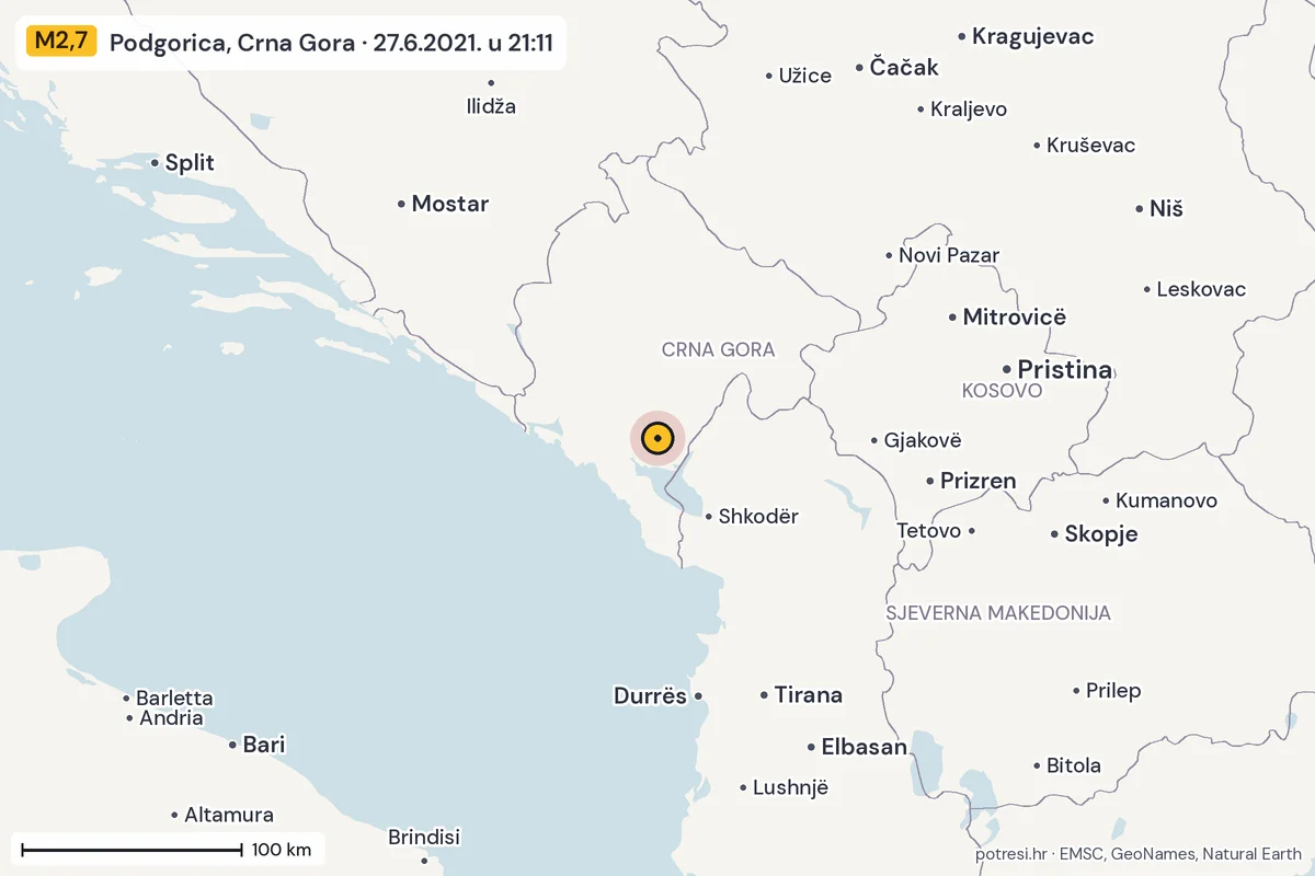 Karta: šire područje, 600 km, potres M2,7, Podgorica, Crna Gora, 27.6.2021.