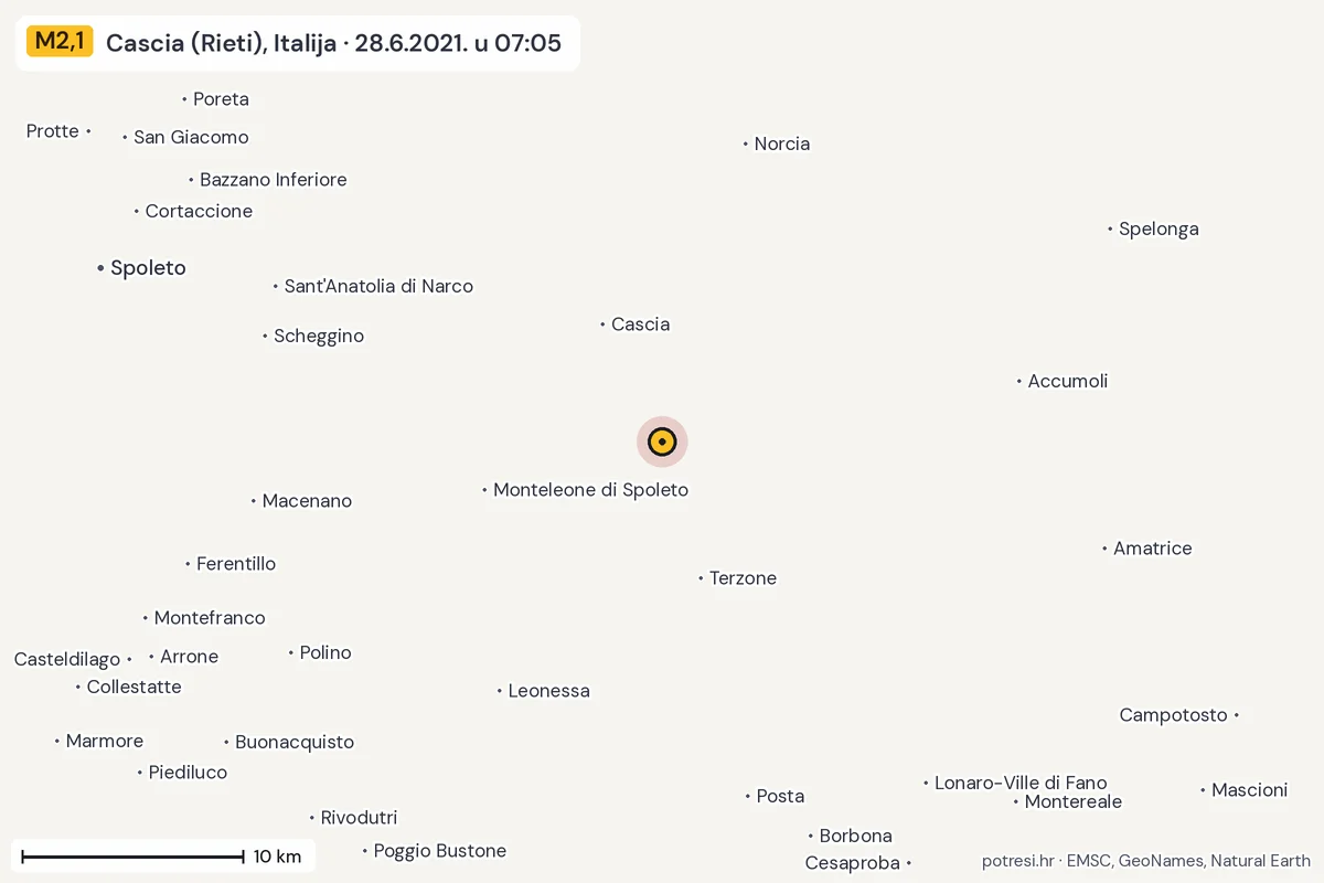 Karta: okolica epicentra, 60 km, potres M2,1, Cascia (Rieti), Italija, 28.6.2021.