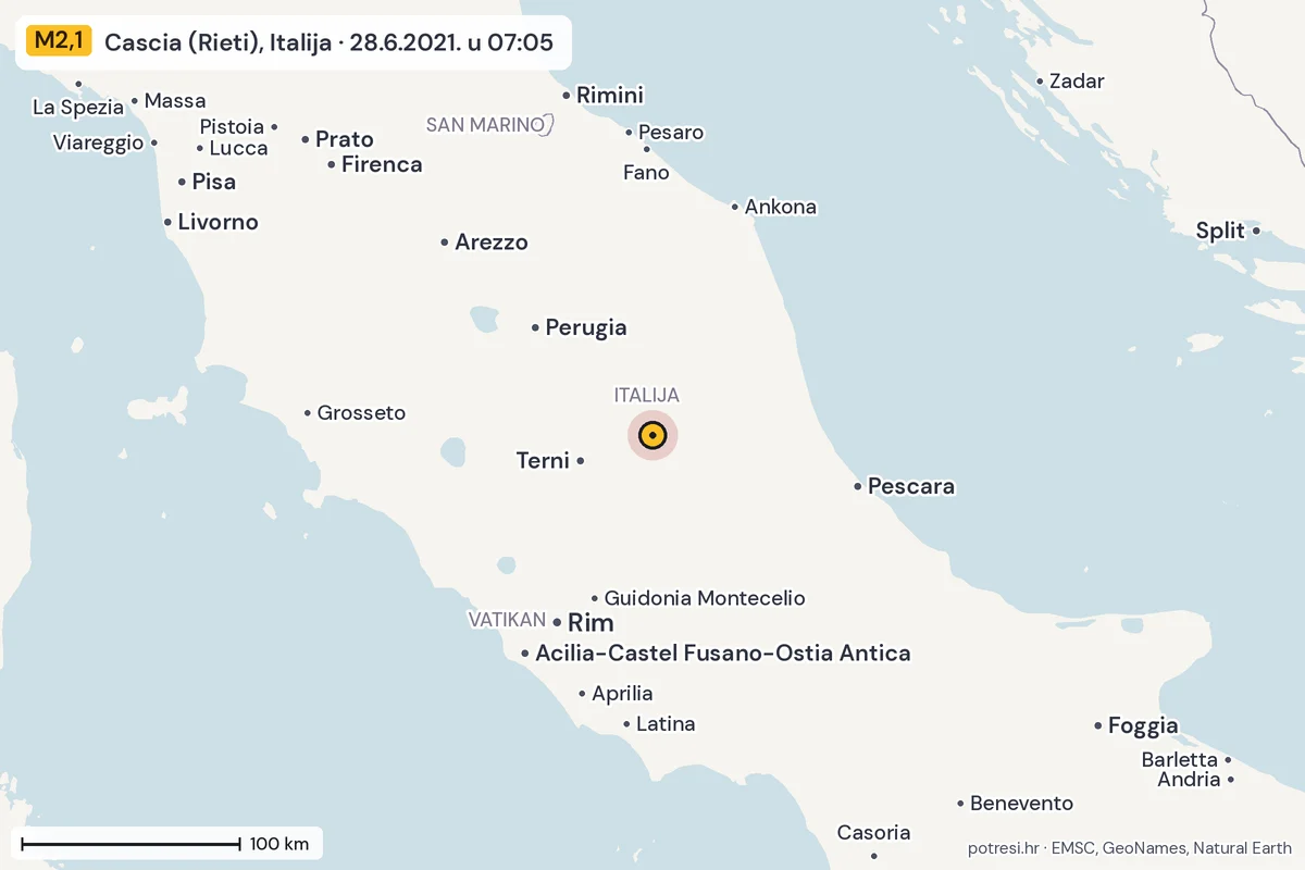 Karta: šire područje, 600 km, potres M2,1, Cascia (Rieti), Italija, 28.6.2021.