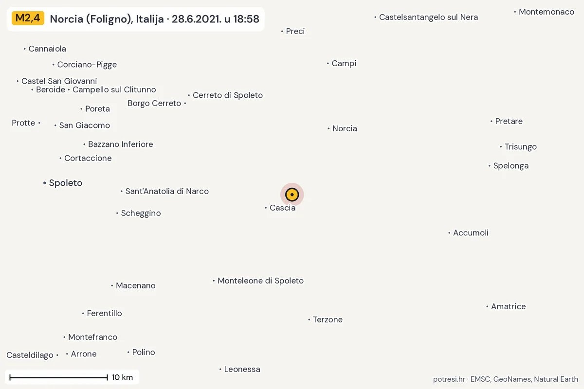 Karta: okolica epicentra, 60 km, potres M2,4, Norcia (Foligno), Italija, 28.6.2021.