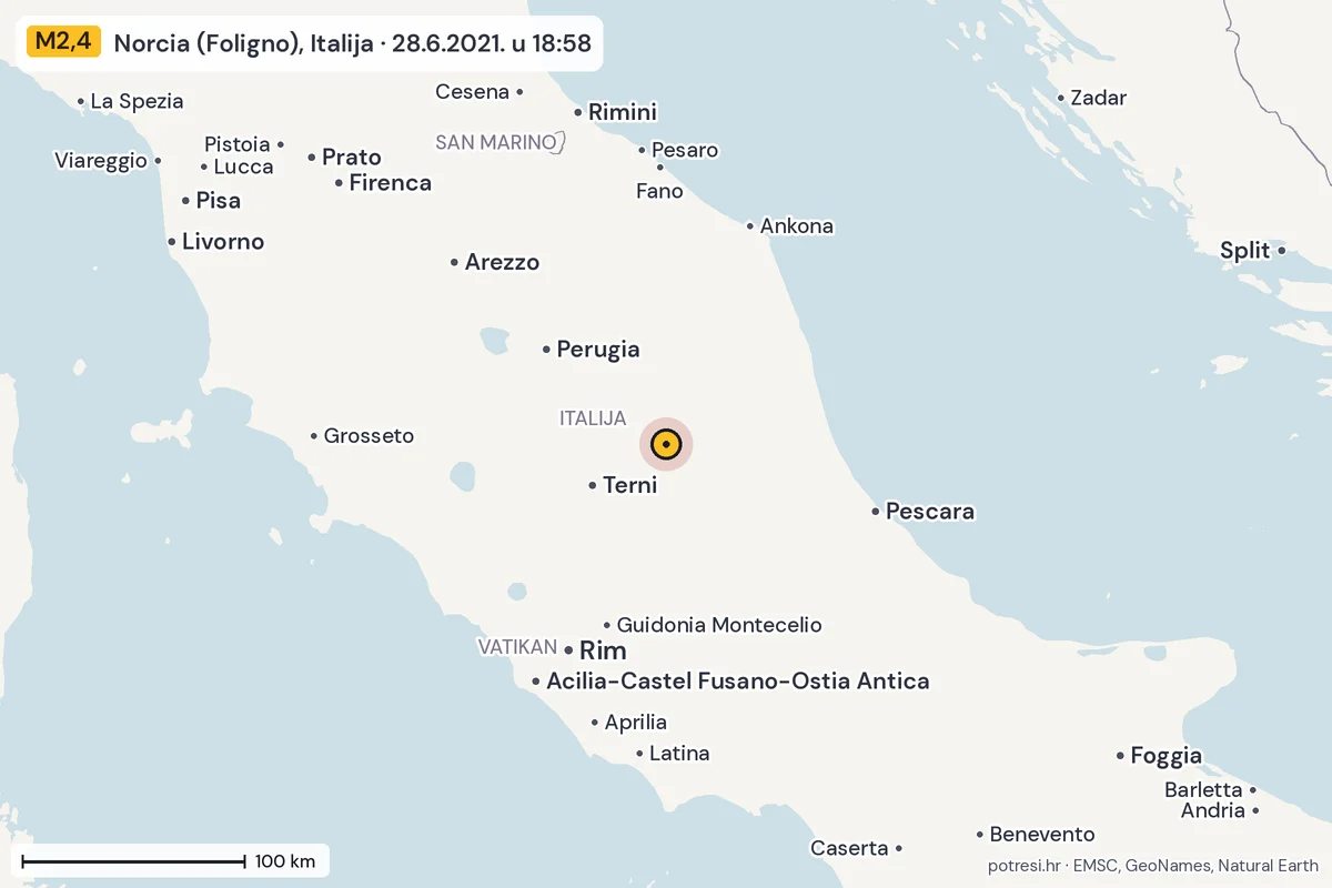 Karta: šire područje, 600 km, potres M2,4, Norcia (Foligno), Italija, 28.6.2021.